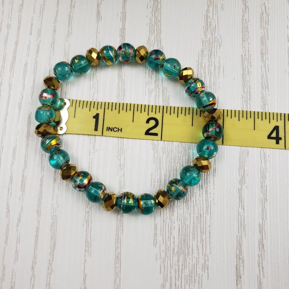Green Gold Speckled Glass Bead Stretch Bracelet - Picture 4 of 4